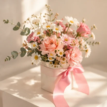Pequeño arreglo floral de flores claras en recipiente con listón