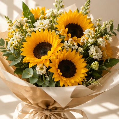 Ramo luminoso con girasoles amarillos y margaritas blancas