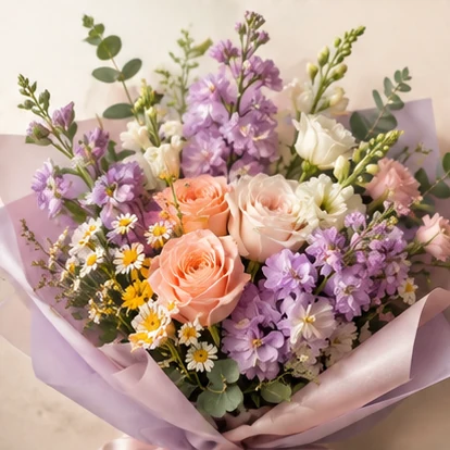 Bouquet pastel con rosas, lavanda y pequeñas flores blancas