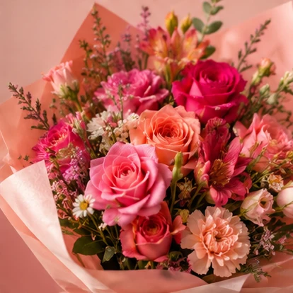 Arreglo floral rosado vibrante con flores coral