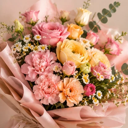 Ramo rosado y amarillo con flores variadas envuelto en papel